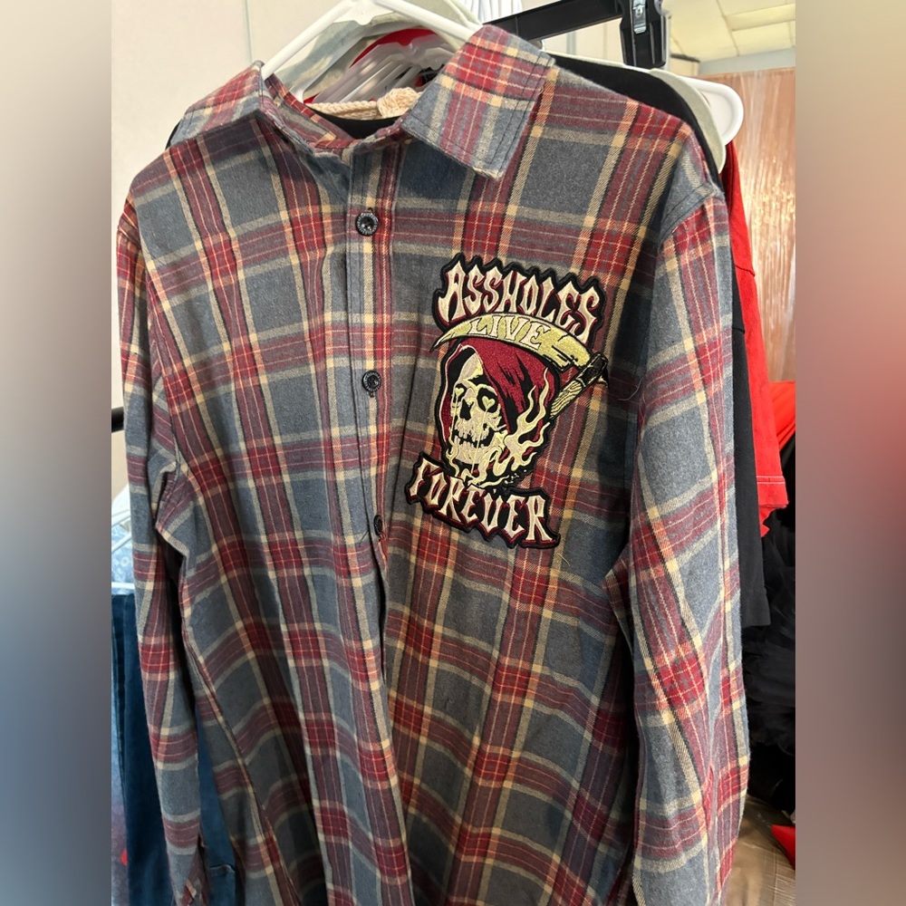 ALF New Grey plaid flannel shirt jacket with skulls